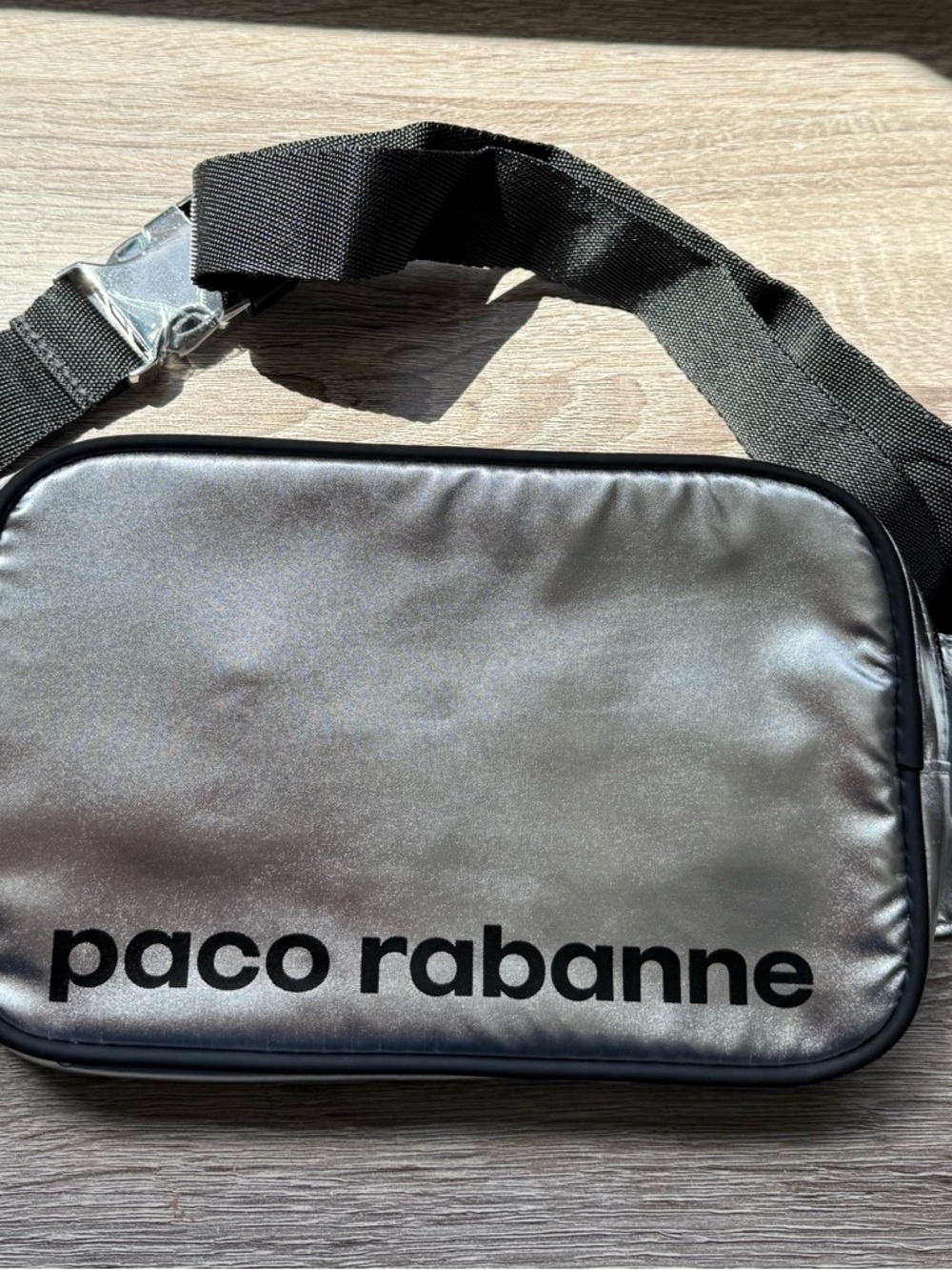 Paco Rabanne Metallic Silver Crossbody Belt Bag with Black Strap